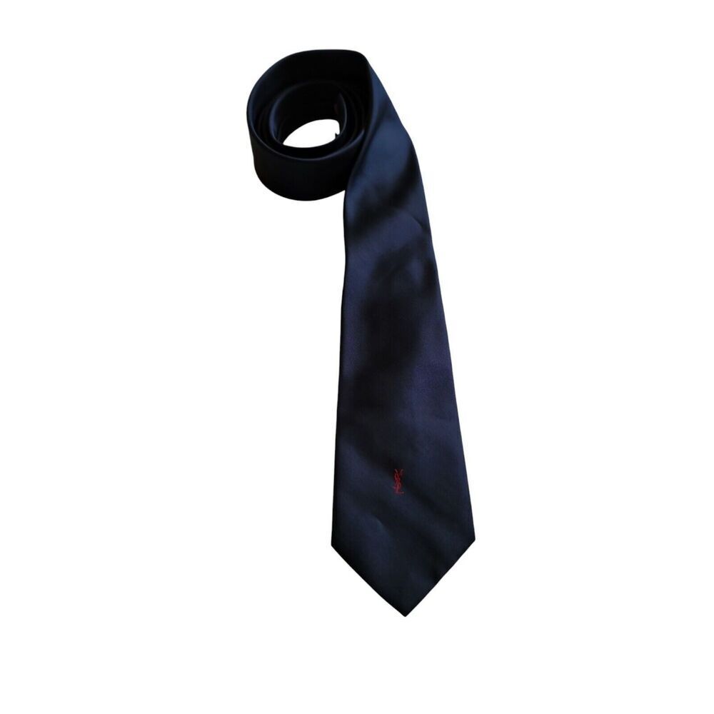 Yves Saint Laurent Vintage Blue Solid Neck Tie With YSL Red Embroidered Logo - Picture 2 of 8